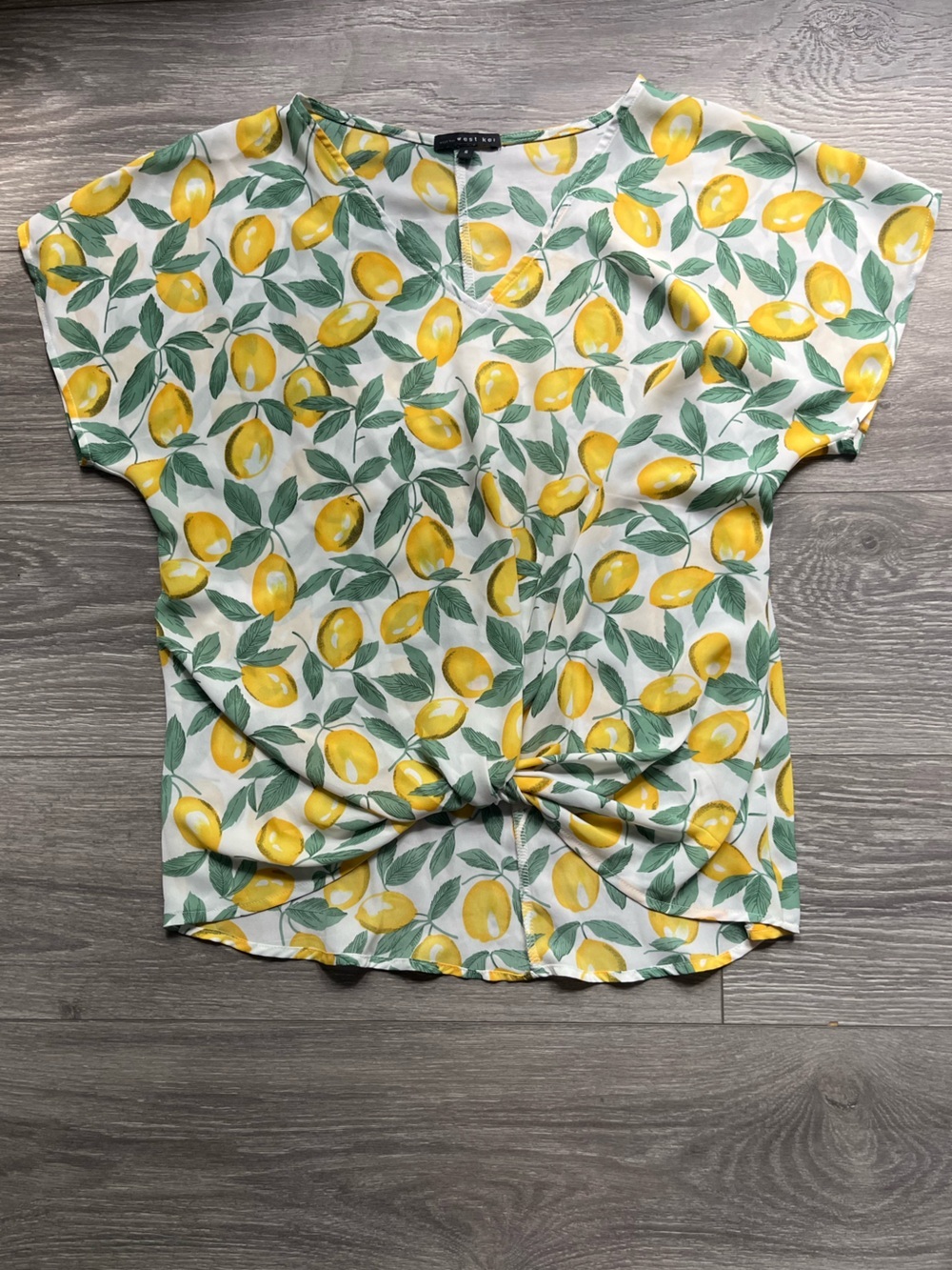 West Kei Yellow Green Lemon Euro Summer Front Twist Blouse Top Size S Brunch